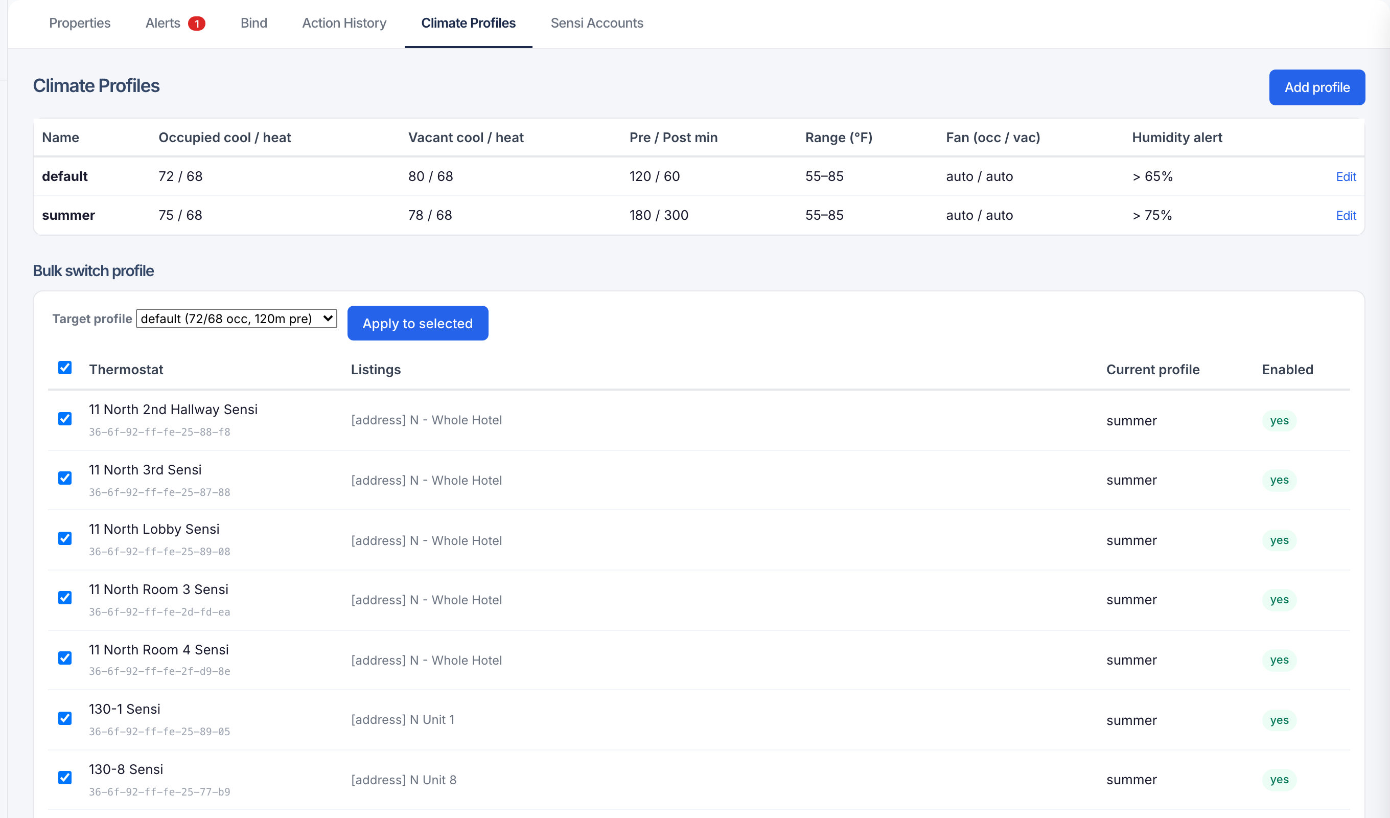 Hearth climate profiles screen — default and seasonal profiles with occupied/vacant setpoints, range, fan modes, and humidity thresholds; bulk-switch interface for assigning profiles across the thermostat fleet.