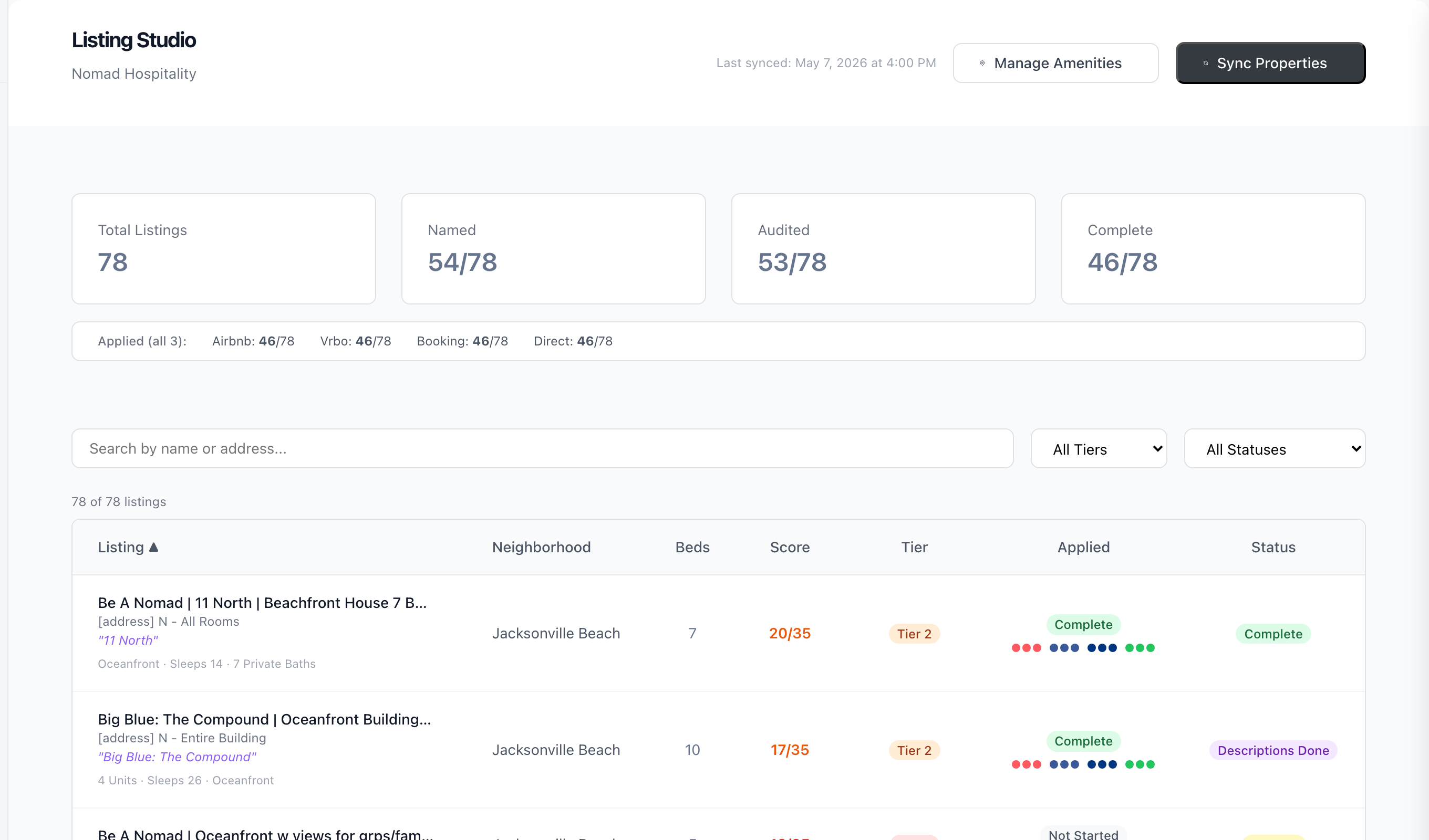 Listing Studio overview — listing health, channel completion, audit queue.