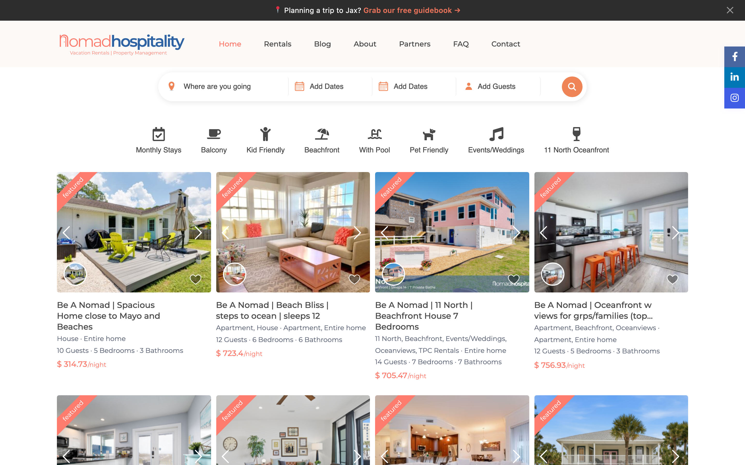 Nomad Hospitality direct booking site — homepage with property grid and search filters