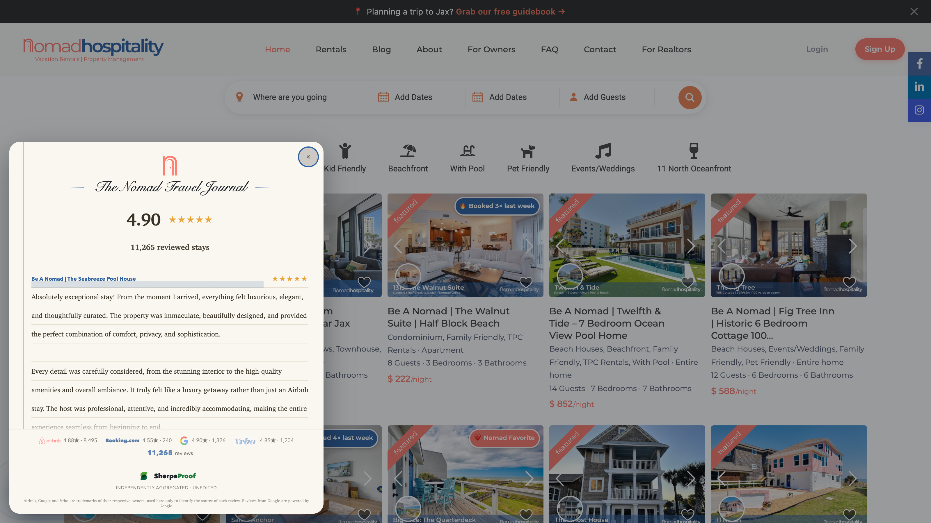 The SherpaProof Guest Book open on a live booking site — 4.88 across 10,487 reviewed stays, with a guest's review in full and its channel noted underneath.